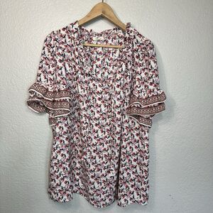 Max Studio Top Women 2X Colorful Peasant Blouse Ruffle Cottagecore Boho Prairie